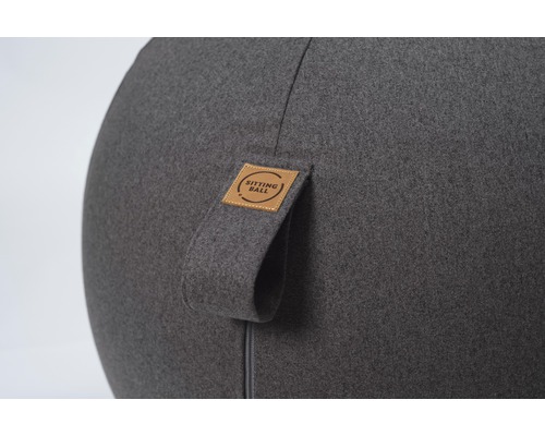 Grijze zitbal met handvat en Sitting Ball logo
