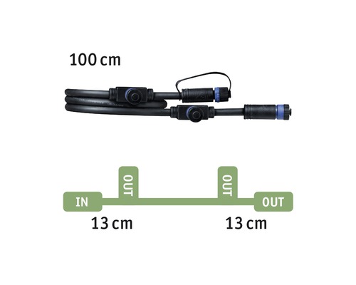 Kabel van 100 centimeter met connectoren en schematische weergave van de in- en uitgangen