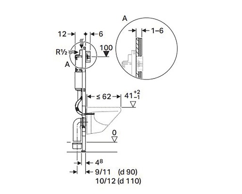 Technische tekening met maatvoering voor een sanitaire installatie