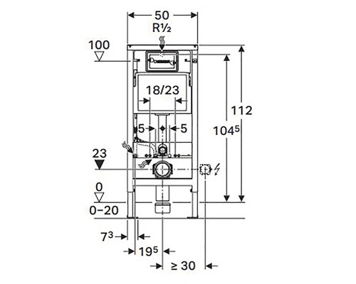 Technische tekening van een inbouwreservoir met maatvoering