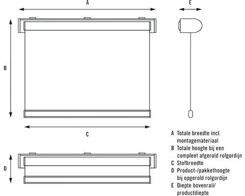 Diagram met afmetingen voor een rolgordijn