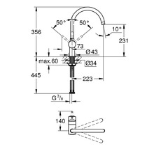Technische tekening van een kraan met afmetingen.