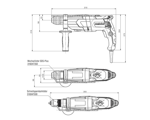 Technische tekening van een Metabo boormachine met afmetingen