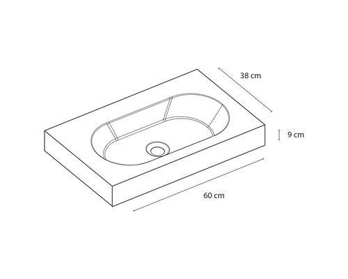 Tekening van een wastafel met afmetingen 60 x 38 x 9 cm