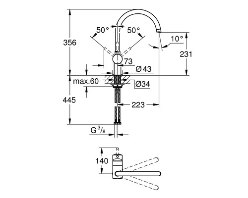 Technische tekening van een keukenkraan met afmetingen