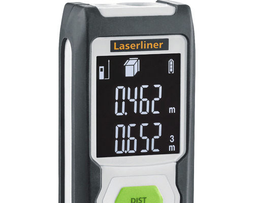 Laserliner logo. Close-up van een laserafstandsmeter met digitaal display.