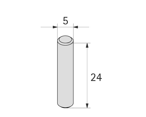 Tekening van een pin met afmetingen van vijf bij 24 millimeter