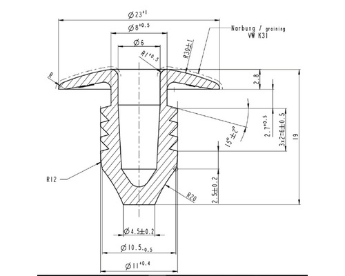 Technische tekening van een bevestigingselement met gedetailleerde maatvoering