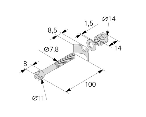Technische tekening van schroef met accessoires en afmetingen