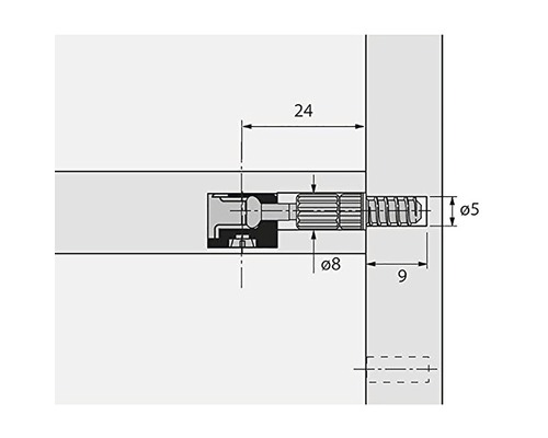 Technische tekening van een meubelverbinder met maatvoering