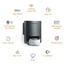 Steinel bewegingsmelder met infraroodsensor 130 graden, 600 watt, ideaal 2 meter, 50 graden horizontaal, 90 graden verticaal, 8 seconden tot 35 minuten, maximaal 12 meter, IP 54, 2 tot 2000 lux, fabrieksgarantie, energiebesparend