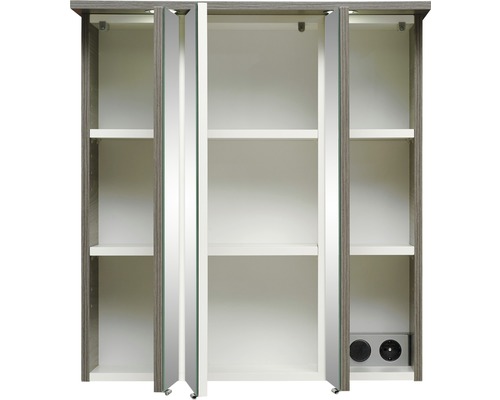 Open spiegelkast met planken en stopcontact voor badkamer