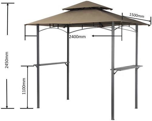 Barbecue paviljoen met afmetingen 2450 mm hoogte, 2400 mm breedte en 1500 mm diepte.