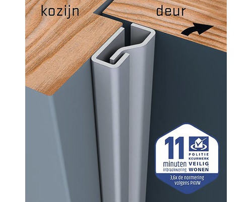 Detailopname van een deurbeveiliging op het deurkozijn met keurmerk