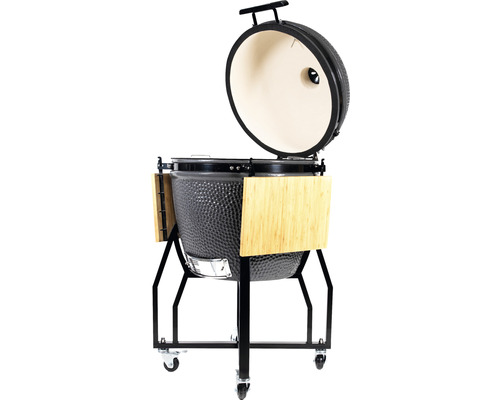 Keramische grill met open deksel en bijzettafels