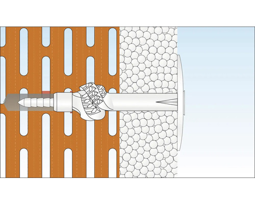 Illustratie van een plugbevestiging in een geperforeerde gevel met thermische isolatie