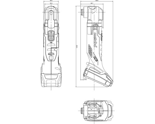 Technische tekening van de Metabo accu haakse boorschroevendraaier met maatvoering