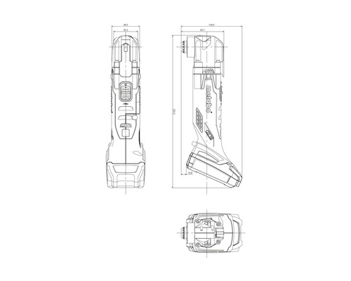 Technische tekening van een Metabo accuschroevendraaier met maataanduidingen