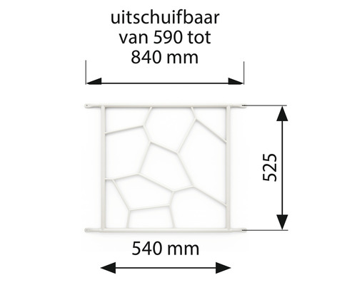Afmetingen van een uitschuifbaar veiligheidshek met breedtes tussen 590 en 840 millimeter en hoogtes tussen 525 en 540 millimeter
