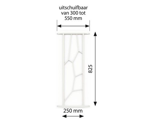 Afbeelding van een uitschuifbaar veiligheidshek met de afmetingen 300 tot 550 mm breed en 825 mm hoog.