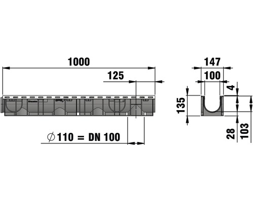 Technische tekening van een afwateringsgoot met afmetingen.