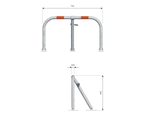 Tekening van een neerklapbare parkeerbeugel met afmetingen