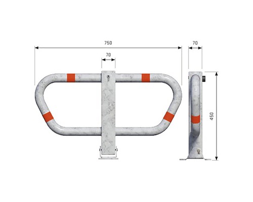 Technische tekening van een inklapbare parkeerbeugel met afmetingen