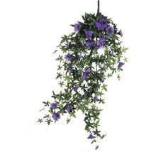 Kunstmatige hangplant met lila bloemen en groene bladeren