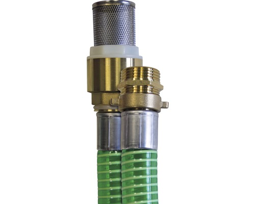 Detailopname van een zuigslang met zuigkorf en messing aansluitstuk.