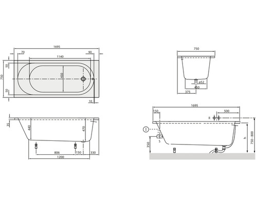 Technische tekening van een badkuip met afmetingen