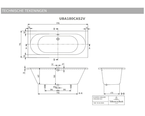 Technische tekening van het bad UBA180CAS2V met afmetingen