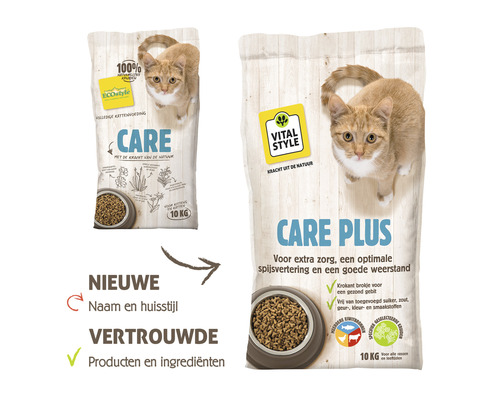 Twee verpakkingen kattenvoer met het opschrift Care en Vital Style Logo