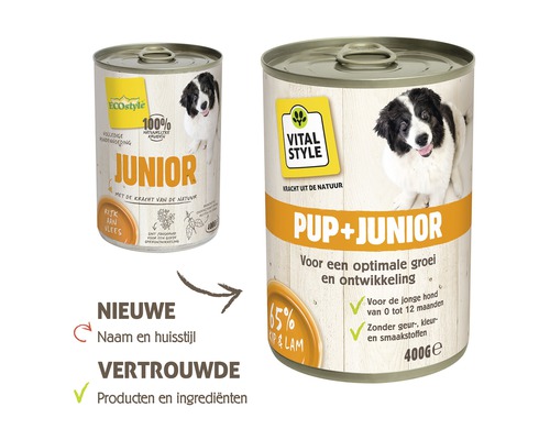 Twee blikken junior hondenvoer met kip en lam