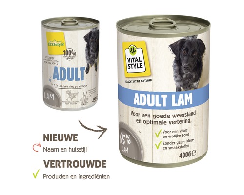 Twee blikken hondenvoer voor volwassen honden met lamsvlees.