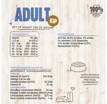 Informatie over hondenvoer voor volwassen honden met kip en natuurlijke kruiden, inclusief voedingsadvies en samenstelling.