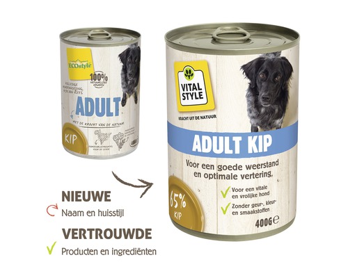 Twee blikken adult hondenvoer met kip