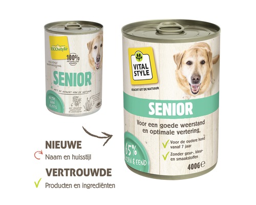 Twee blikken senior hondenvoer met eend en kip