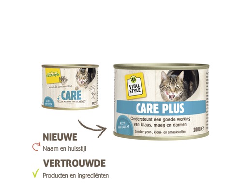 Twee blikken kattenvoer: ''Care'' en ''Care Plus''