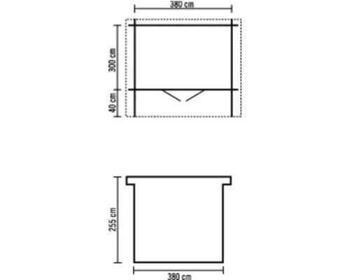 Technische tekening van een tuinhuis met afmetingen