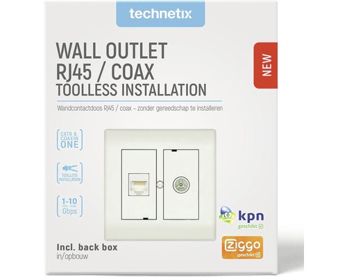 Technetix wandcontactdoos RJ45 en coax in verpakking