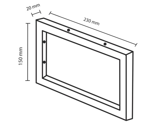 Illustratie van een frame met de afmetingen 230 mm lengte, 150 mm hoogte en 20 mm diepte.