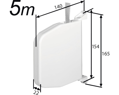 Technische tekening van een rolgordijncassette met de afmetingen 5 meter, 140, 154, 165 en 22.
