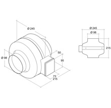 Technische tekening van een buisventilator met afmetingen 245 mm diameter en 98 mm diameter