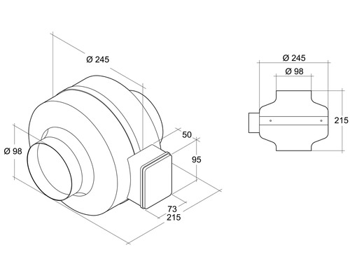 Technische tekening van een buisventilator met afmetingen 245 mm diameter en 98 mm diameter
