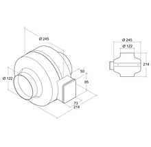 Technische tekening van een buisventilator met maatvoering