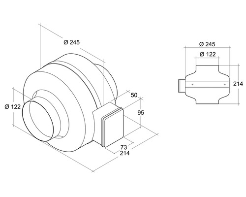 Technische tekening van een buisventilator met maatvoering