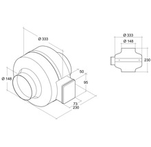 Technische tekening van een buisventilator met maataanduidingen
