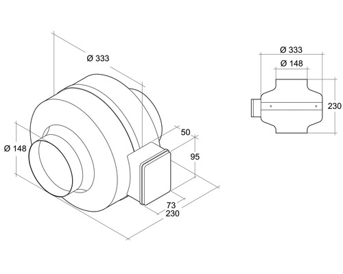 Technische tekening van een buisventilator met maataanduidingen