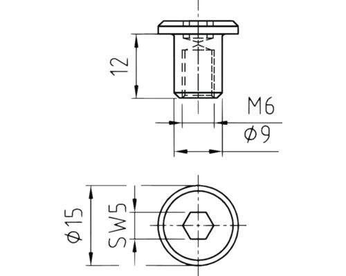 Technische tekening van een schroef met de afmetingen diameter 15 millimeter, sleutelwijdte 5, draadlengte 12 millimeter, schroefdraad M6 en diameter 9 millimeter.