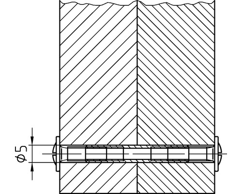 Tekening van een houten deuvel met een diameter van vijf millimeter tussen twee stukken hout.